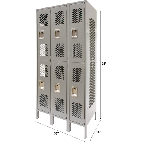 Casiers ventil&eacute;s, 2 niveaux, Bloc de 3, 36" x 18" x 78", Acier, Gris, D&eacute;mont&eacute;, Perfor&eacute; Equipex