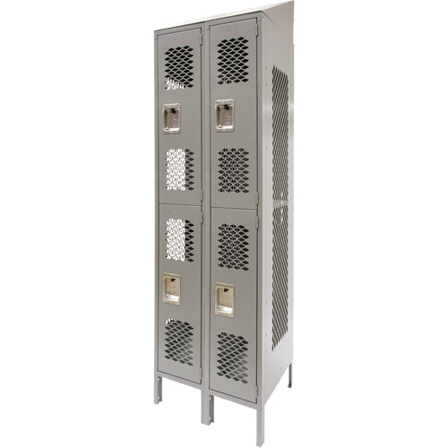Vented Lockers, 2 -tier, Bank of 2, 24" x 18" x 88", Steel, Grey, Knocked Down, Perforated Equipex