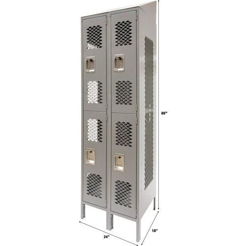 Vented Lockers, 2 -tier, Bank of 2, 24" x 18" x 88", Steel, Grey, Knocked Down, Perforated Equipex