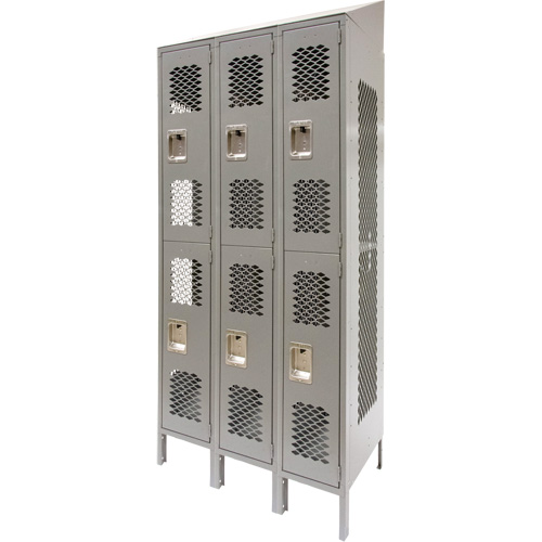 Vented Lockers, 2 -tier, Bank of 3, 36" x 18" x 88", Steel, Grey, Knocked Down, Perforated Equipex