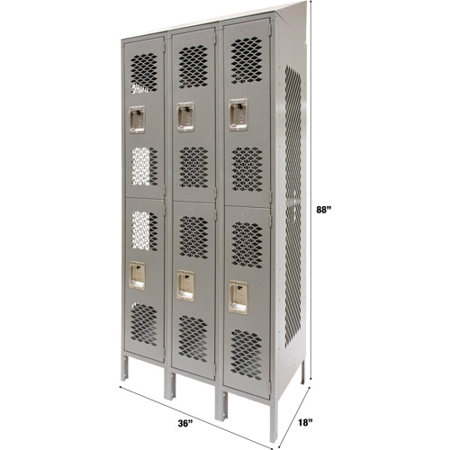 Vented Lockers, 2 -tier, Bank of 3, 36" x 18" x 88", Steel, Grey, Knocked Down, Perforated Equipex
