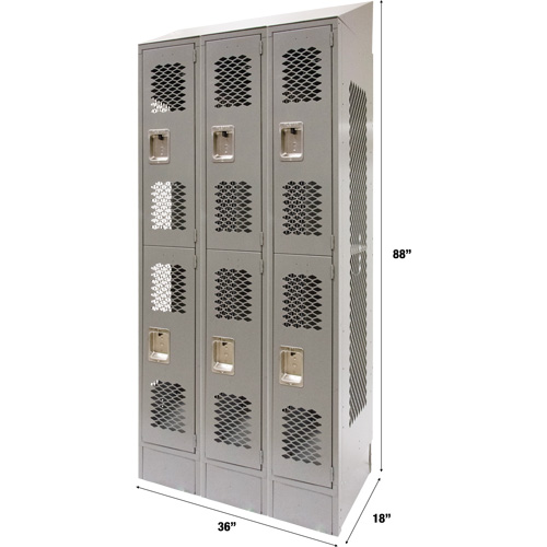 Casiers ventil&eacute;s, 2 niveaux, Bloc de 3, 36" x 18" x 88", Acier, Gris, D&eacute;mont&eacute;, Perfor&eacute; Equipex