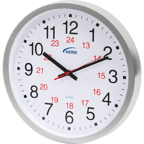 12/24 H Clock, Analog, Battery Operated, 12", Silver Equipex