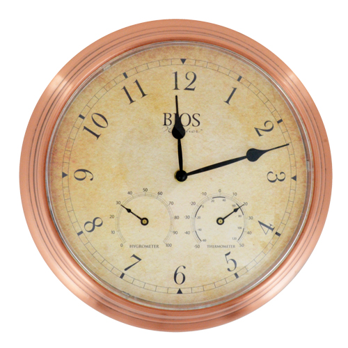 Horloge ext&eacute;rieure 3 en 1, Analogique, &agrave; piles, 14" dia., Brun Equipex