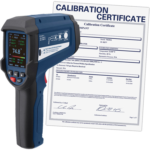 Thermom&egrave;tre infrarouge professionnel avec thermocouple de type K int&eacute;gr&eacute; et certificat d'&eacute;talonnage, -58 - 3362°F (-50 - 1850°C), 55:1, &eacute;missivit&eacute; Ajustable Equipex