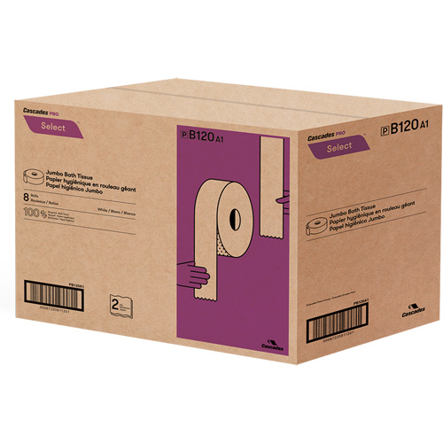 Pro Select&reg; Toilet Paper, Jumbo Roll, 2 Ply, 900' Length, White Equipex