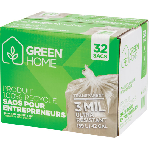 Green Home Garbage Bags, Strong, 33" W x 48" L, 3 mils, Clear, 159 L (42 Gal.) Capacity Equipex