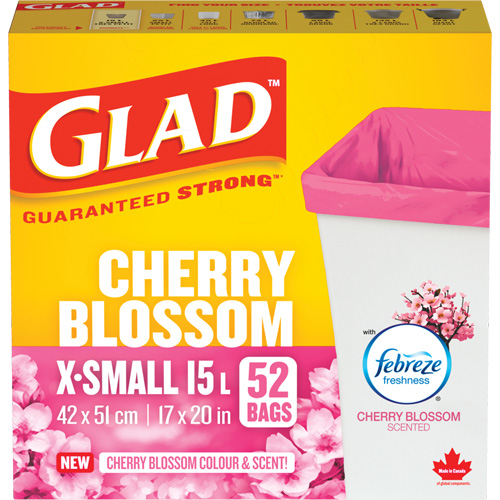 Sacs parfum&eacute;s et de couleur fleur de cerisier de Glad, Fort, 17" la x 20" lo, Rose, Capacit&eacute; 15 L (3,96 gal) Equipex