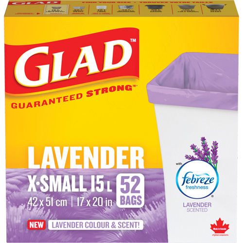 Sacs parfum&eacute;s et de couleur lavande de Glad, Fort, 17" la x 20" lo, Mauve, Capacit&eacute; 15 L (3,96 gal) Equipex