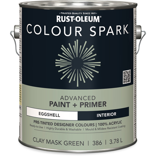 Peinture int&eacute;rieure pr&eacute;teint&eacute;e + appr&ecirc;t mural Colour Spark, Vert masque en argile, Satin&eacute;, 3,78 L, Gallon Equipex