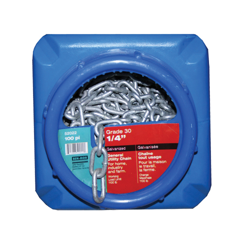 Chaînes galvanis&eacute;es par immersion &agrave; chaud, Acier au carbone, 1/4" x 100' (30,4 m) l, Calibre 30, Charge d'utilisation 1100 lb (0,55 tonne) Equipex