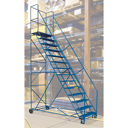 CSA-Certified Rolling Step Ladder with Locking Step, 14 Steps, 30" Step Width, 128" Platform Height, Steel Equipex