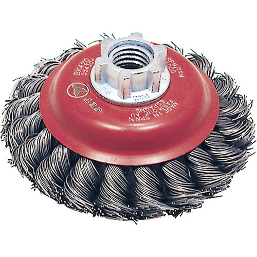 BK420T Knot Twisted Conical Brush, 4" Dia., 0.02" Fill, 5/8"-11 Arbor, Steel Equipex
