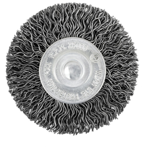 Brosse radiale &agrave; fils cr&ecirc;p&eacute;s mont&eacute; sur mandrin 105-2, 2", Fils ,02" Equipex
