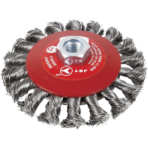 Brosse conique &agrave; fils nou&eacute;s torsad&eacute;s, Dia. 6", Fils 0,02", Arbre 5/8"-11, Acier Equipex