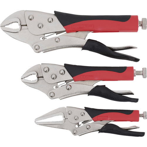 Cushion Grip Locking Plier Set, 6"/10"/7" Length, Curved Jaw/Long Nose Equipex