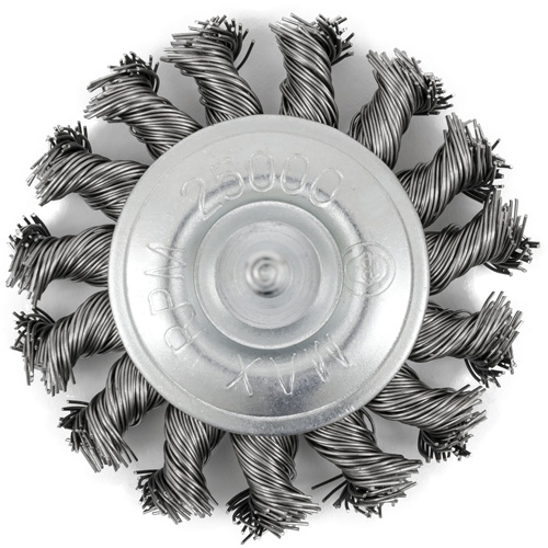 Brosse radiale &agrave; fils nou&eacute;s torsad&eacute;s mont&eacute; sur mandrin, Dia. 3", Fils 0,02", Arbre 1/4", Acier inoxydable Equipex