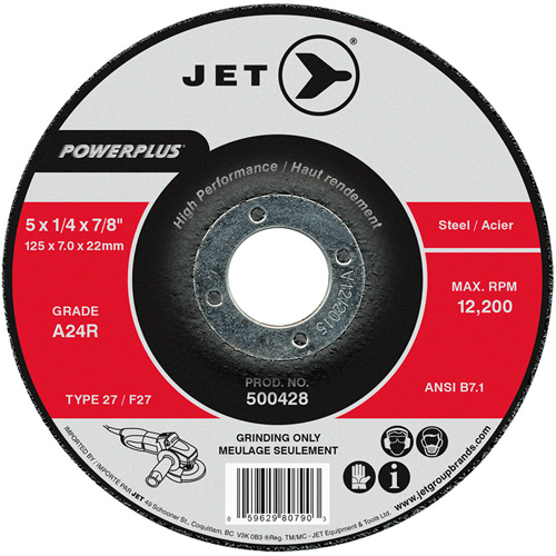 Powerplus&reg; Depressed Centre Grinding Wheel, 5" x 1/4", 7/8" Arbor, Type 27/F27, Aluminum Oxide, 12200 RPM Equipex