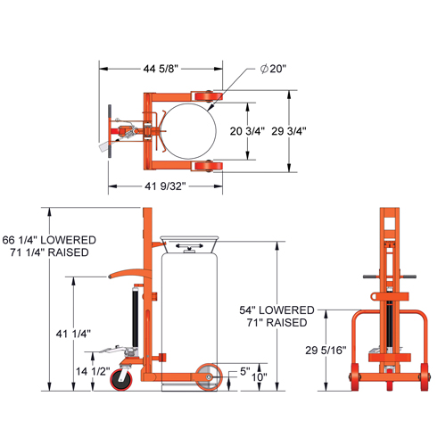Hydraulic Large Liquid Gas Cylinder Cart HLCC, Polyurethane Wheels, 20" W x 20" D Base, 1000 lbs. Equipex