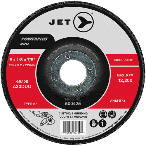 POWERPLUS DUO Cutting/Grinding Wheel, 5" x 1/8", 7/8" Arbor, Type 27, A30DUO Grit Equipex