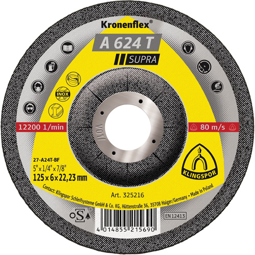 Disque de meulage A 624 T Supra Kronenflex, 5" x 1/4", Arbre 7/8" Equipex