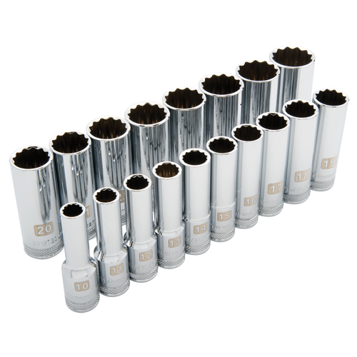 Jeu de douilles m&eacute;triques, 18 Mcx, Prise de 1/2", Profond Equipex