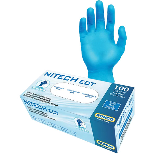 Gants d'examen EDT, Grand, Nitech, 5 mils, Sans poudre, Bleu, Classe 2 Equipex