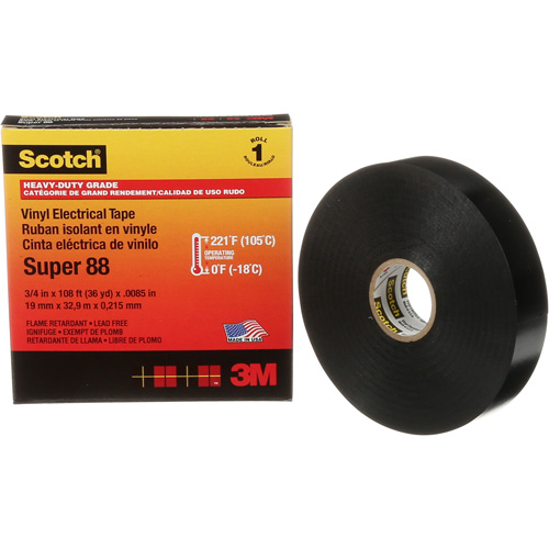 Ruban isolant Super 88 de calibre professionnel Scotch, 19 mm (3/4") la x 32,9 m (108') lo, 8,5 mils, Noir Equipex