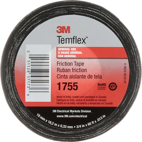 Ruban de chatterton Temflex 1755, 19 mm (3/4") x 18,28 m (60'), Noir Equipex