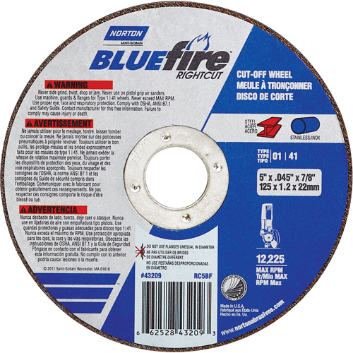 BlueFire&reg; Cut-off Wheel, 4-1/2" x 0.045"/1/16", 7/8" Arbor, Type 01/41, Aluminum Oxide/Zirconium, 13580 RPM Equipex