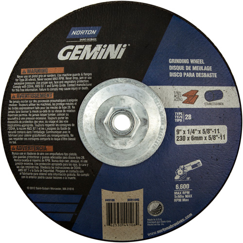 Gemini&reg; Saucer Wheel, 9" x 1/4", 5/8"-11 Arbor, Aluminum Oxide, Type 28 Equipex