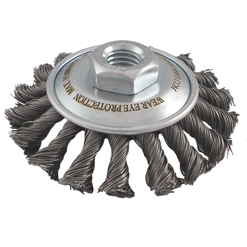 Knotted Wire Wheel Saucer Brushes, 5" Dia., 0.02" Fill, 5/8"-11 Arbor, Steel Equipex