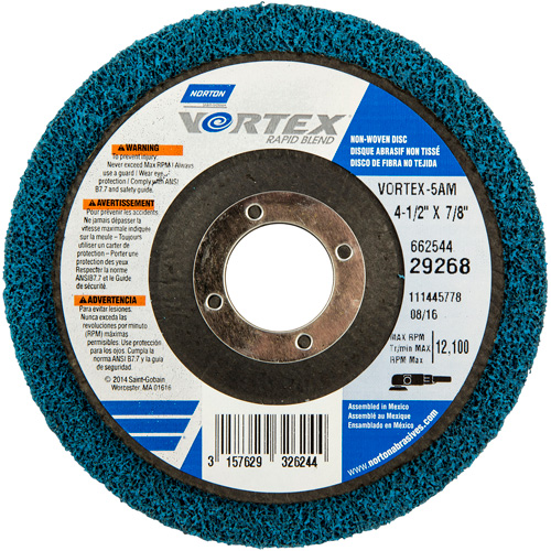 Meule non tiss&eacute;e Vortex, 4-1/2" dia. x 1/2" la, Arbre 7/8", Oxyde d'aluminium Equipex