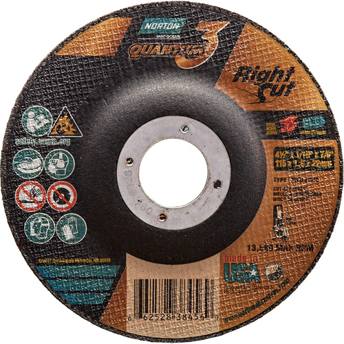 Quantum3 RightCut Cutting Wheel, 4-1/2" x 1/16", 7/8" Arbor, Type 27, Ceramic Alumina, 13580 RPM Equipex