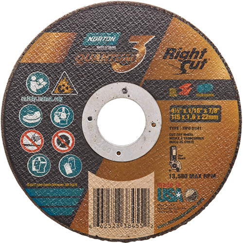 Quantum3 RightCut Cut-Off Wheel, 4-1/2" x 1/16", 7/8" Arbor, Type 01/41, Ceramic Alumina, 13580 RPM Equipex