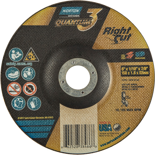Meule &agrave; tronçonner Quantum3 RightCut, 6" x 1/16", Arbre de 7/8", Type 27/42, Oxyde d'aluminium, 10185 Tr/min Equipex