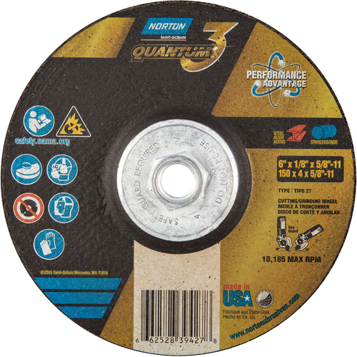 Quantum3 Grinding & Cutting Wheel, 6" x 1/8", 5/8"-11 Arbor, Type 27, 24 Grit, Ceramic Alumina Equipex