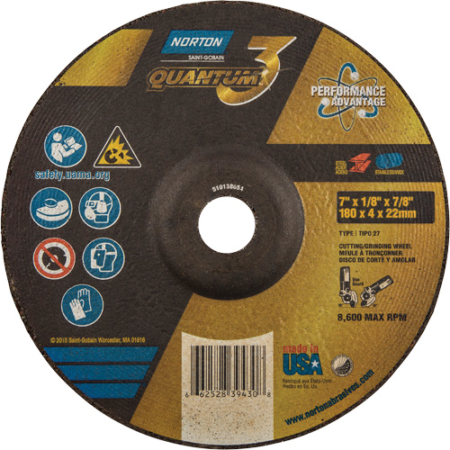 Quantum3 Grinding & Cutting Wheel, 7" x 1/8", 7/8" Arbor, Type 27, 24 Grit, Ceramic Alumina Equipex