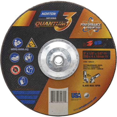 Disque de rectification et de tronçonnage Quantum3, 9" x 1/8", Arbre de 5/8"-11, Type 27, Grain de 24, C&eacute;ramique d'alumine Equipex