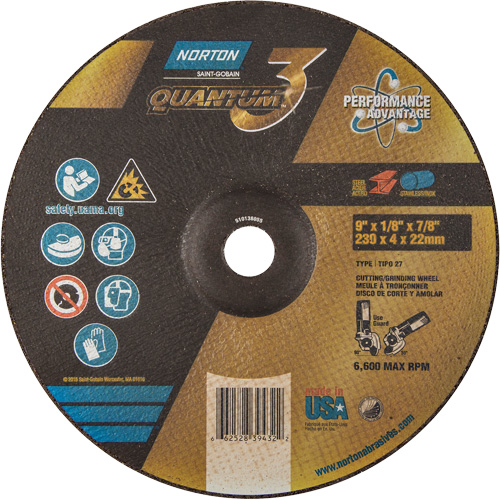 Quantum3 Grinding & Cutting Wheel, 9" x 1/8", 7/8" Arbor, Type 27, 24 Grit, Ceramic Alumina Equipex