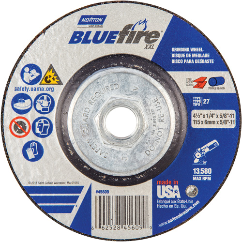 BlueFire&reg; XXL Grinding Wheel, 4-1/2" x 1/4", 5/8" Arbor, Ceramic Alumina, Type 27 Equipex