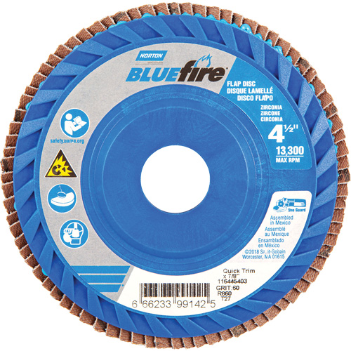 BlueFire&reg; Medium Grade Flap Disc, 4-1/2" x 7/8", Type 27, 60 Grit, Zirconia Alumina Equipex