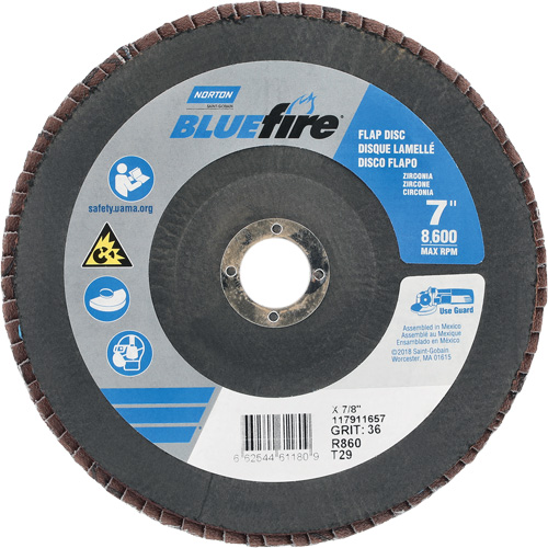 BlueFire&reg; R884P/R884V/R860 Center Mount Fiberglass Conical Flap Disc, 7" x 7/8", Type 29, P36 Grit, Zirconia Alumina Equipex