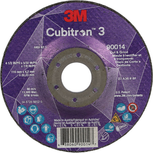Cubitron 3 Cut & Grind Wheel, 4-1/2" x 5/32", 7/8" Arbor, Type T27, 36+ Grit, Ceramic Equipex