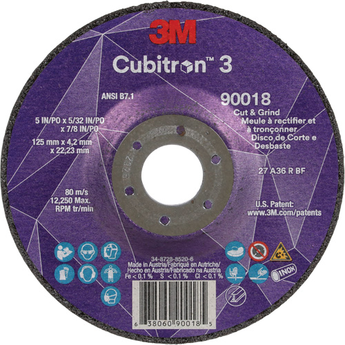 Meule &agrave; couper & tronçonner Cubitron 3, 5" x 5/32", Arbre de 7/8", Type T27, Grain de 36+, C&eacute;ramique Equipex