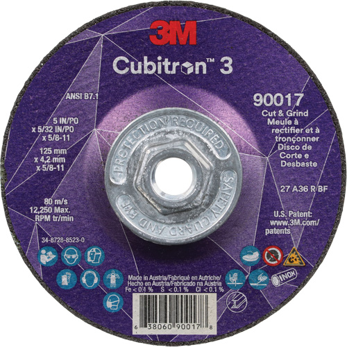 Cubitron 3 Cut & Grind Wheel, 5" x 5/32", 5/8"-11 Arbor, Type T27, 36+ Grit, Ceramic Equipex