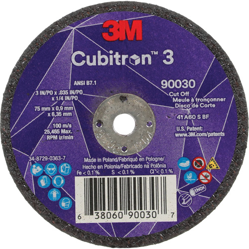Cubitron 3 Cut-Off Wheel, 3" x 0.035", 1/4" Arbor, Type T1, Ceramic, 21000 RPM Equipex