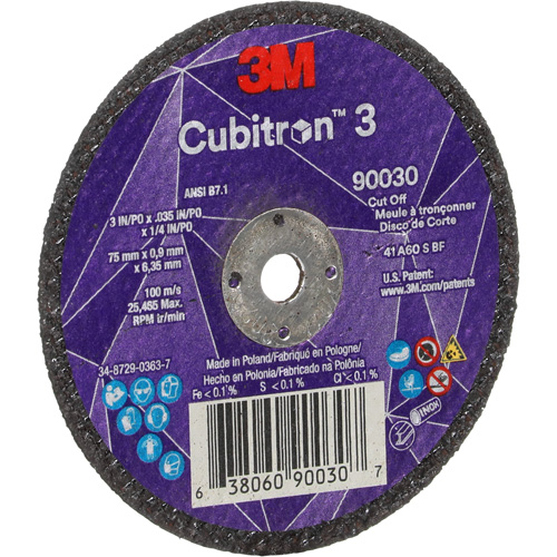 Cubitron 3 Cut-Off Wheel, 3" x 0.035", 1/4" Arbor, Type T1, Ceramic, 21000 RPM Equipex