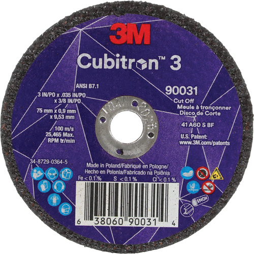 Meule &agrave; tronçonner Cubitron 3, 3" x 0,035", Arbre de 3/8", Type T1, C&eacute;ramique, 21000 Tr/min Equipex