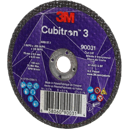 Meule &agrave; tronçonner Cubitron 3, 3" x 0,035", Arbre de 3/8", Type T1, C&eacute;ramique, 21000 Tr/min Equipex